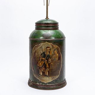 19TH C. ENGLISH CHINOISERIE TOLE TEA CANISTER LAMP