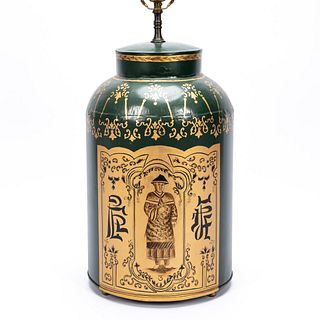 CHINOISERIE GREEN & GILT TOLE TEA CANISTER LAMP