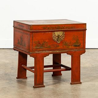 CORAL JAPANNED CHINOISERIE TOLE CHEST ON STAND