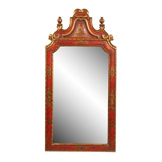 BAROQUE STYLE RED & GILT CHINOISERIE WALL MIRROR