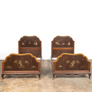 PAIR, CHINOISERIE MOTIF TWIN BED FRAMES, C. 1920