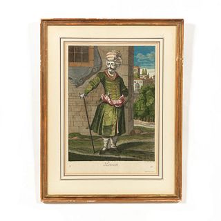 18TH C. "PERSIAN" HAND COLORED ENGRAVING, FRAMED