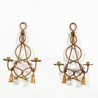 PAIR, GILT METAL CORD AND TASSEL TWO LIGHT SCONCES