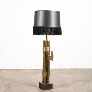 TALL BRASS FASCES FORM THREE LIGHT TABLE LAMP
