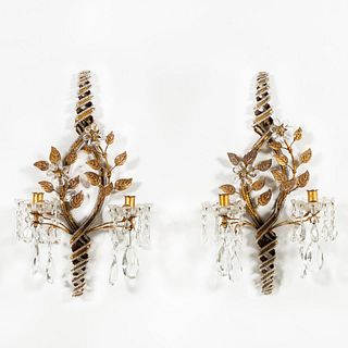 PAIR, GILT METAL AND CRYSTAL FLORAL SCONCES