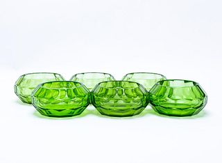 SET OF SIX, GREEN CRYSTAL FACETED BOWLS
