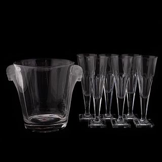 7PC GROUP, 6 CRYSTAL CHAMPAGNE FLUTES & RAM BUCKET