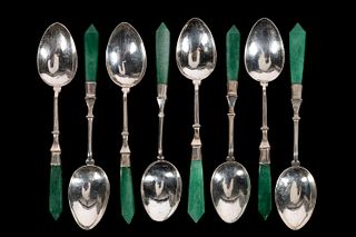 8 PCS, SILVER AND STONE HANDLED DEMITASSE SPOONS