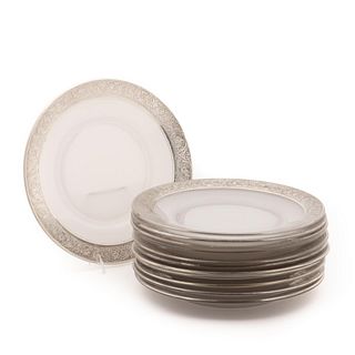 SET 12, AMERICAN SILVER ENCRUSTED GLASS PLATES