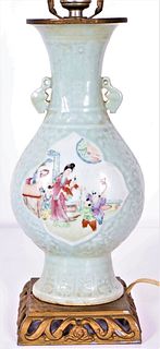 Chinese Celadon Figural Scene Vase Mounted as Lamp