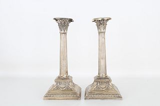 Pair, .800 Silver Corinthian Column Candlesticks