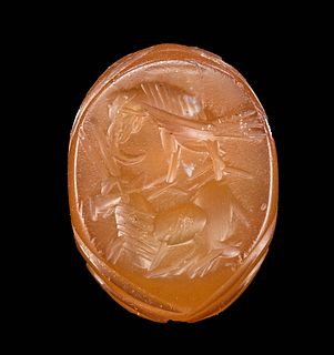 Sassanian Chalcedony Stamp Seal Bead w/ Eagle & Oryx