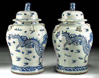 Chinese Qing Pottery Vases w/ Dragons & Foo Dogs (pr)