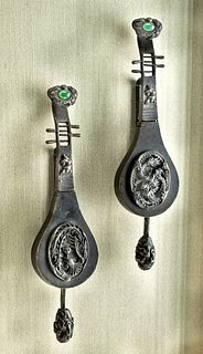 Pair Framed Chinese Qing Dynasty Lute Locks w/ Jadeite