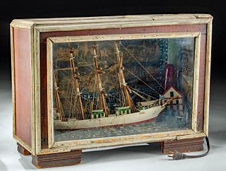 Antique Wood & Paper Model Ship Diorama w/ Light