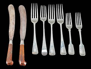 18th C. English Silver & Agate Forks & Knives (8)