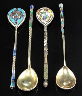 4 Early 20th C. Russian Gilt Silver & Cloisonne Spoons