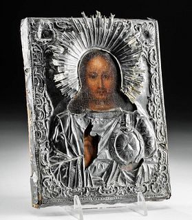 19th C. Russian Icon w/ Silver Oklad Christ