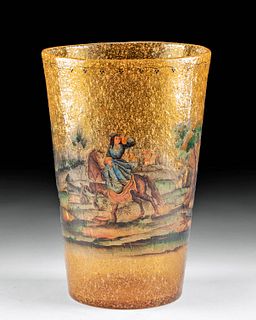 Early 19th C. Austrian Painted Glass Vase Hunting Scene