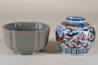 Small Wucai Dragon Jar and a Celadon Bowl