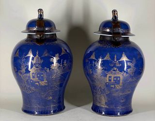 Large Pair of Gilt Decorated Cobalt Covered Jars