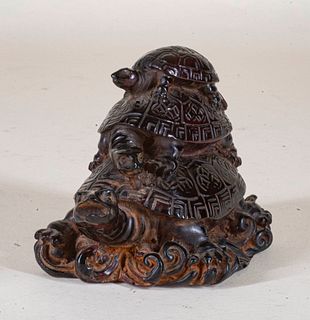 Carved Amber Figure of Three Stacked Turtles