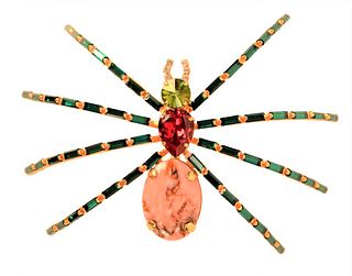 Oversized Spider Brooch, having rhodochrosite and rhinestone body, emerald baguette legs, marked Germany, height 4 inches, length 4 1/2 inches.