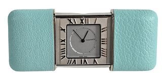 Tiffany & Company Travel Clock, having Tiffany blue leather case, 1 1/2" x 2 1/2".