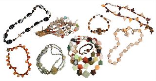 Nine Piece Jewelry Group, to include eight stone necklaces, agate and glass beaded necklace, a multi-strand necklace, a stone necklace, carnelian, aga