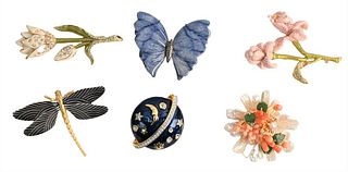 Group of Six Brooches, to include Barrera freshwater pearl, coral and jade pin, hardstone butterfly pin, E. Pearl dragonfly pin, two enameled flower p