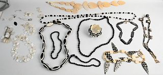 Group of Necklaces, Bracelets, and Earrings, to include 14 karat gold filled; mother of pearl bracelet and matching necklace; large mother of pearl ne