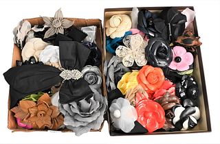 Lot of Flower Pins and Hair Accessories, to include leather, beaded, sequin and silk flowers, 40+ pieces, in good pre-owned condition.