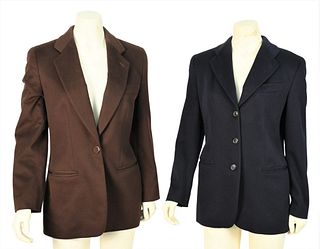 Two Armani Cashmere Blazers, to include one blue blazer having three buttons, size 40; along with a brown blazer, having one button, size 42; conditio