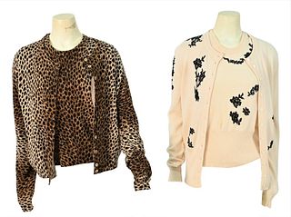 Four Piece Dolce & Gabbana Sweater Sets, to include leopard print knit, along with an ivory cashmere set having black lace appliques, slight spots on 