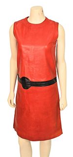 Pierre Cardin Iconic "Space Age" Red Leather Dress, 1960's - 1970's, scoop neck, sleeveless, zip back, top stitch detail, size S/M, condition consiste