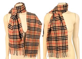 Three Classic Burberry Plaid Winter Scarves, to include three plaid cashmere scarves having labels, condition consistent with wear and age.