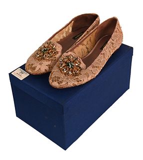 Dolce and Gabbana Womens Slippers, having purple lace with large jewelled accents, lace in good shape, no missing stones, slight spot on inside front,