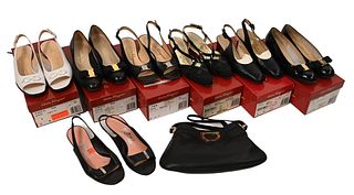 Ferragamo Shoes and Handbag, to include five pairs of sling backs, two classic bow fronts, along with a black leather purse having gold tone hardware,
