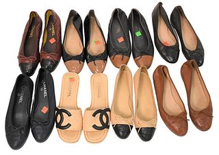 Eight Pieces of Chanel Ballet Slip Ons, along with one pair of slides, sizes 38 1/2 - 39, all well worn.