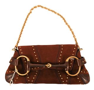 Gucci Brown Suede Horsebit Shoulder Bag, having brown leather, lined with single compartment and slip pocket, studded detail, gold tone hardware and c