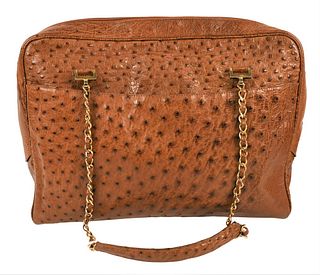 Donna Elissa Brown Ostrich Shoulder Bag, suede lined, single compartment having two interior and two exterior pockets, double chain link handle, top z