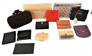Lot of Leather, Fabric, and Skin Wallets, Clutches, and Small Purses, to include gold Nancy Gonzalez clutch, silver quilted by Jay Hebert, brown velve