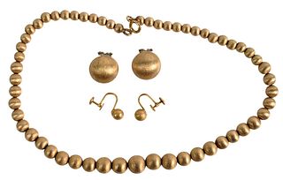 Set of Matching Jewelry, to include 14 karat yellow gold bead necklace along with two pairs of matching ear clips, necklace length 14.5 inches, 26.8 g