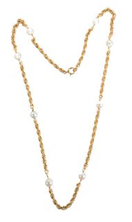 14 Karat Yellow Gold Rope Chain Necklace, set with eight pearls, necklace length 18 inches, 11.4 grams