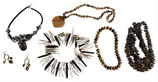 Group of Five Necklaces, to include a mother of pearl tooth/horn form necklace; a multi-strand colored branch form pearl necklace; a floral agate and 