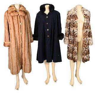 Three Piece Lot, to include two fur coats and one fur trimmed coat, a multi colored coat having many seams split; a light sheared coat having one spli