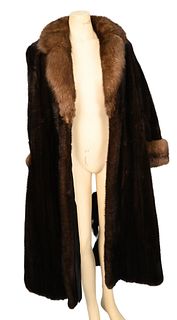 Vintage Full Length Brown Mink Coat, having large fur shawl collar and cuffs, front slip pockets, no label, fur is supple, size 4 X-Large.