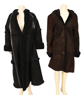 Two Brown and Black Suede Long Coats, to include black suede full length coat with leather trim accents and lambswool lining, along with brown suede c