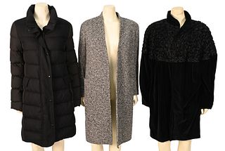 Three Designer Coats, to include black quilted wool coat by AKRIS, black and white tweed overcoat, and vintage black velvet coat with satin ribbon ros