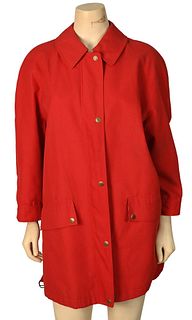 Burberry Red All Weather Jacket, having classic Burberry red snap front with plaid lining, snap and zip closure and having front flap pockets, one spo